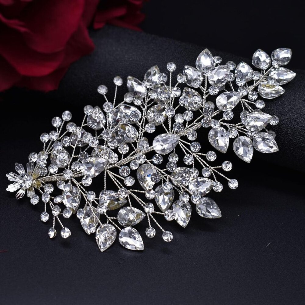 Wedding Hair Pieces Rhinestone Bridal Headband Handmade Silver for Brides - Picture 6 of 6